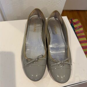 Prada Light Gray Patent Leather Ballet Flats with Bow